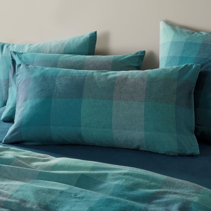 Vintage Washed Linen Cotton Ombre Check Teal Pillowcases