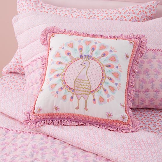 Pink Peacock Textured Cotton Cushion