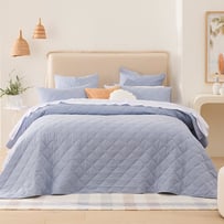 Stonewashed Cotton Printed Thin Chambray Stripe Quilted Coverlet Separates