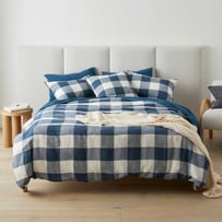 Vintage Washed Linen Large Navy Check Quilt Cover Separates