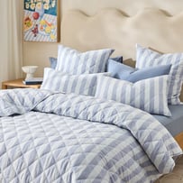 Stonewashed Cotton Blue Block Stripe Quilted Coverlet Separates