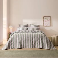 Stonewashed Cotton Emerald & Lilac Block Stripe Quilted Coverlet Separates