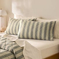 Stonewashed Cotton Basil & Pistachio Block Stripe Quilted Pillowcases