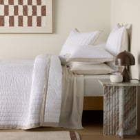 Vintage Washed Linen White & Linen Border Quilted Coverlet Separates