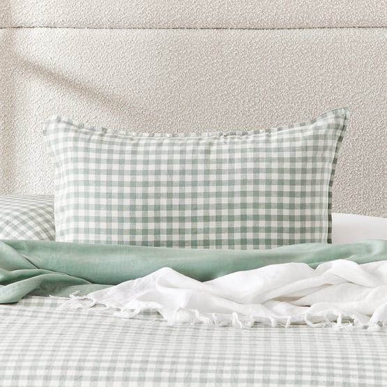 Vintage Washed Linen Eucalyptus Check Pillowcases