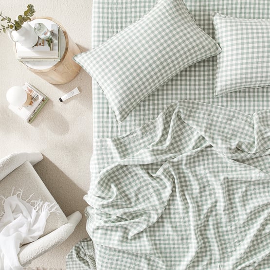 Vintage Washed Linen Eucalyptus Check Sheet Separates 