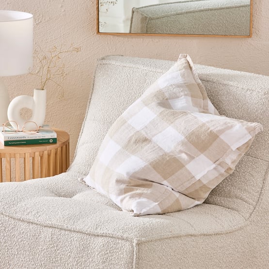 Belgian White & Linen Large Check Vintage Washed Linen Cushion