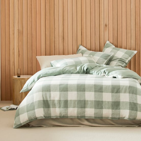 Vintage Washed Linen Large Eucalyptus Check Quilt Cover Separates