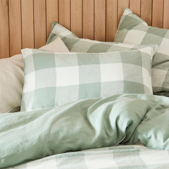 Vintage Washed Linen Large Eucalyptus Check Quilt Cover Separates
