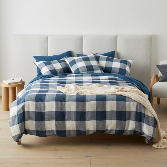 Vintage Washed Linen Large Navy Check Quilt Cover Separates