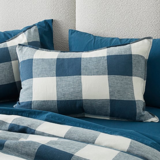 Vintage Washed Linen Large Navy Check Pillowcases