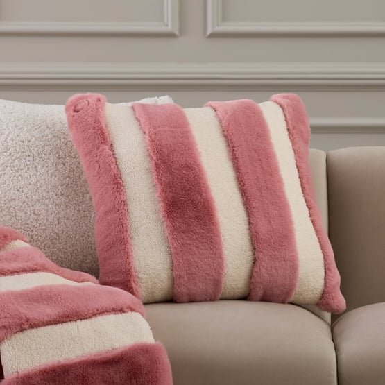 Neve Stripe Natural & Pink Fur Cushion