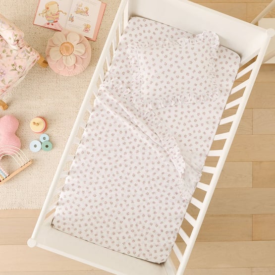 Fleur Harris Dancing Flowers White Ruffle Cot Sheet Set