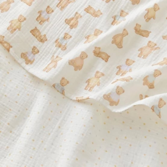 Natural Teddy Time Cotton Muslin Baby Swaddles 2pk