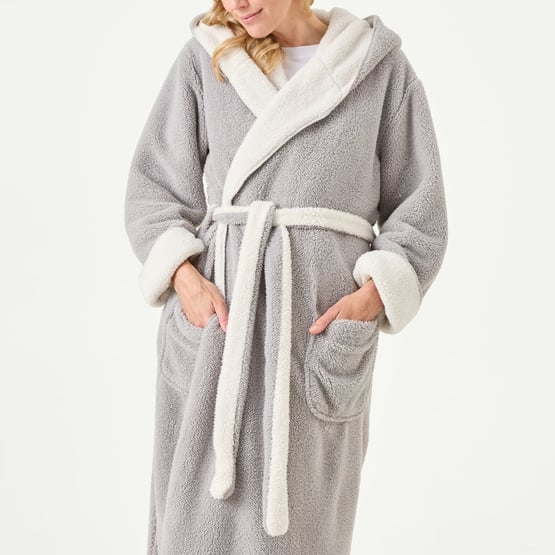 Sherpa Moonrock Grey & Ivory Hooded Bathrobe