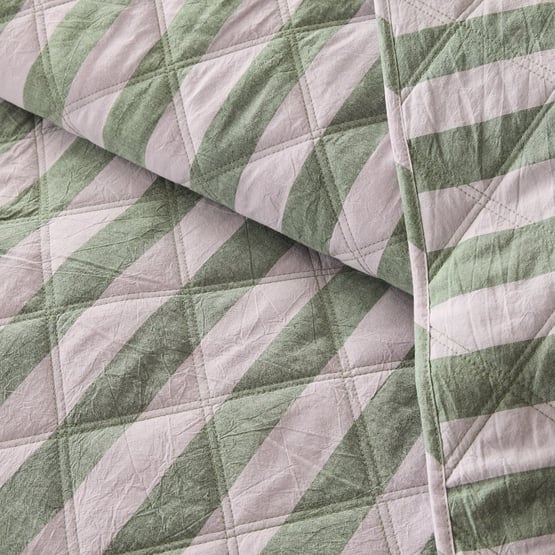 Stonewashed Cotton Emerald & Lilac Block Stripe Quilted Coverlet Separates