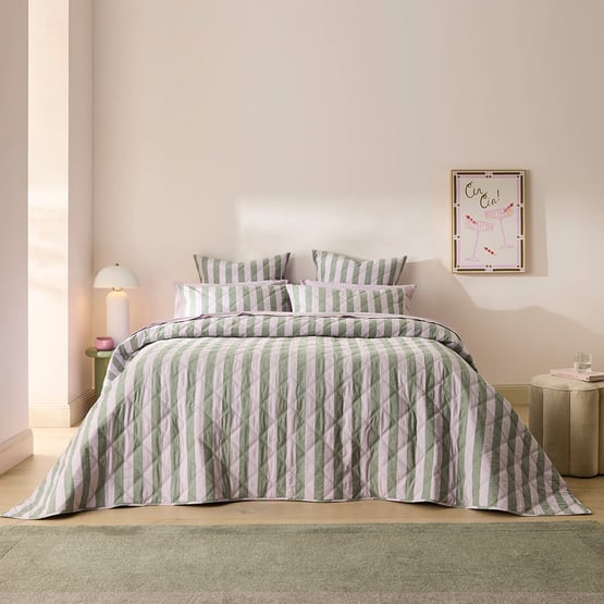 Stonewashed Cotton Emerald & Lilac Block Stripe Quilted Coverlet Separates