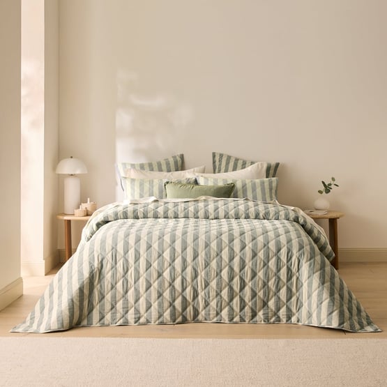 Stonewashed Cotton Basil & Pistachio Block Stripe Quilted Coverlet Separates