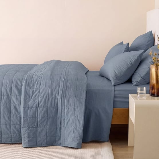 Stonewashed Cotton Bluestone Quilted Coverlet Separates
