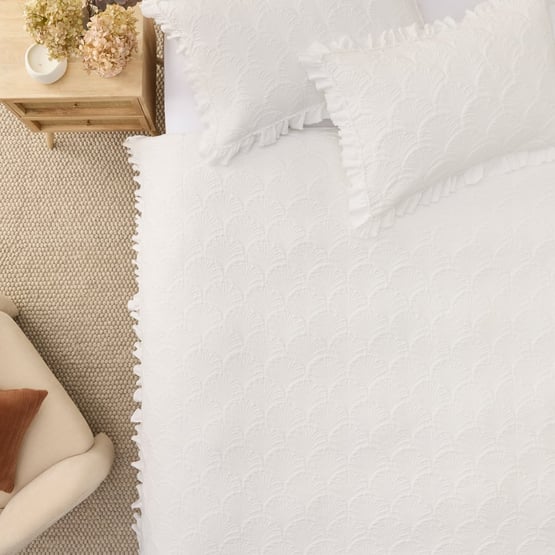 Mila White Ruffled Quilted Quilt Cover Set