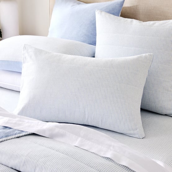 Linen Cotton Dusty Blue Stripe Quilted Pillowcases