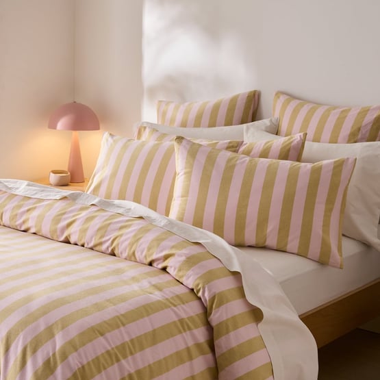 Stonewashed Cotton Pink & Olive Oil Block Stripe Quilt Cover Separates