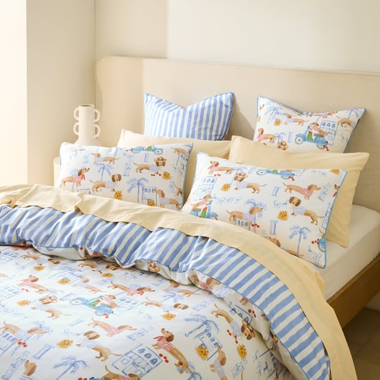 Riviera Dachshund Blue Quilt Cover Set + Separates