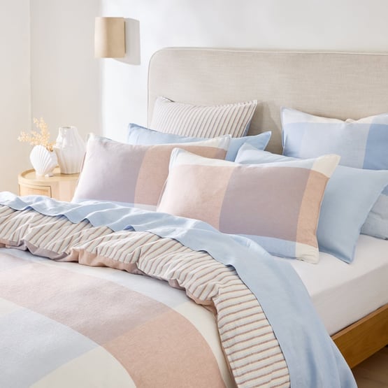 Linen Cotton Cove Blue Check Quilt Cover Set + Separates