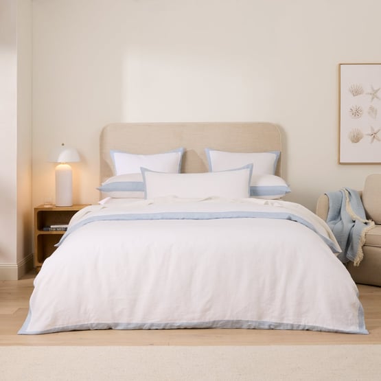 Vintage Washed Linen White & Dusty Blue Border Quilt Cover Separates