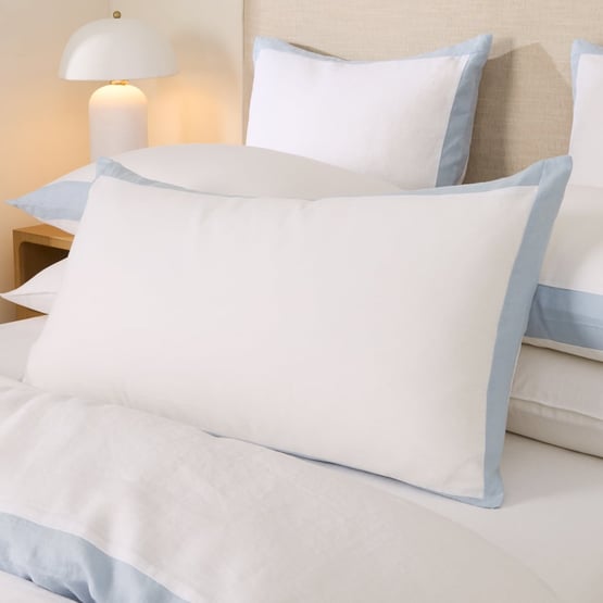 Vintage Washed Linen White & Dusty Blue Border Pillowcases