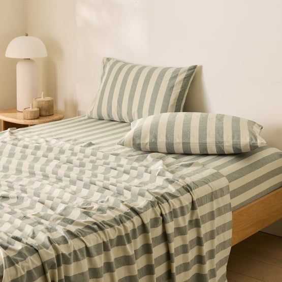 Stonewashed Cotton Basil & Pistachio Block Stripe Sheet Seperates