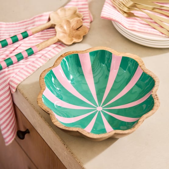 Christmas Pink & Green Mango Wood Scalloped Serving Bowl