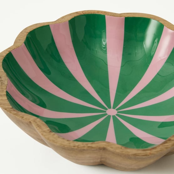 Christmas Pink & Green Mango Wood Scalloped Serving Bowl