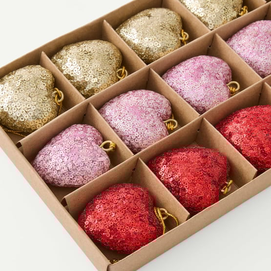 Red, Pink & Gold Sugar Bead Heart Decorations Set of 18