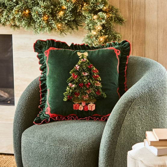 Festive 12 Days of Christmas Green Frill Cushion