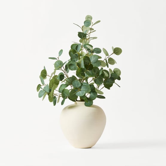 Cream & Green Flower Eucalyptus in Belly Ceramic Vase