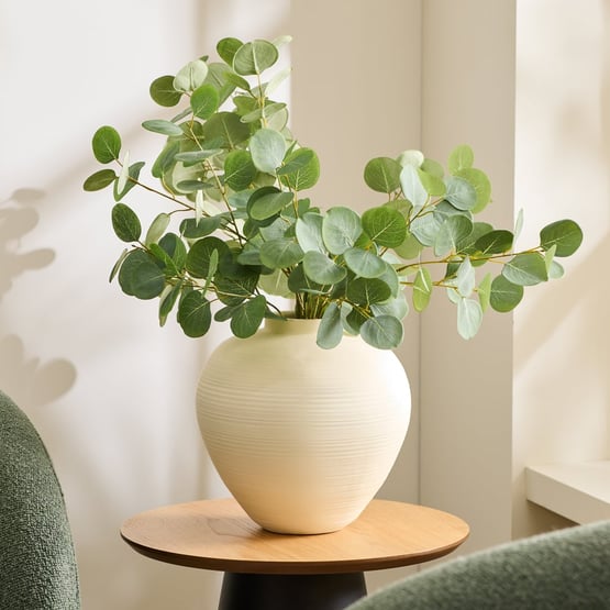 Cream & Green Flower Eucalyptus in Belly Ceramic Vase