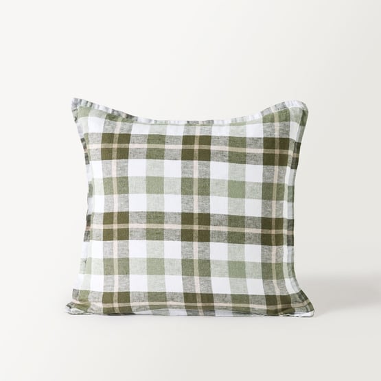 Belgian Green Louis Check Vintage Washed Linen Cushion