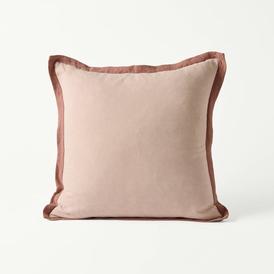 Belgian Vintage Washed Linen Nude Pink & Rosewood Border Cushion