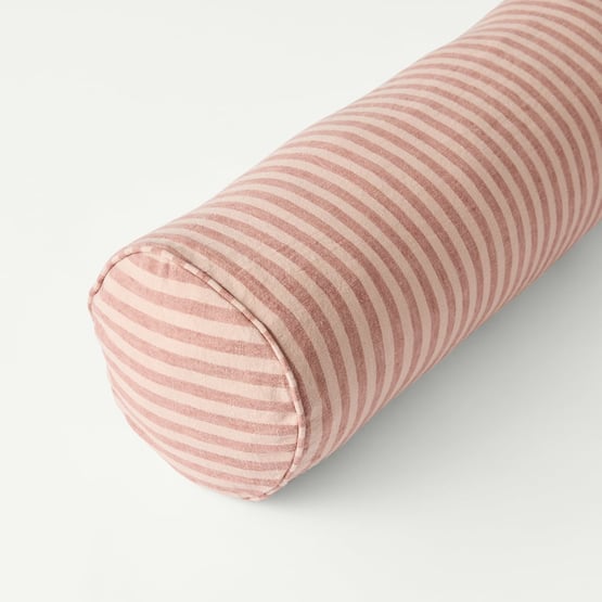 Belgian Vintage Washed Linen Nude Pink & Rosewood Bengal Stripe Bolster Cushion