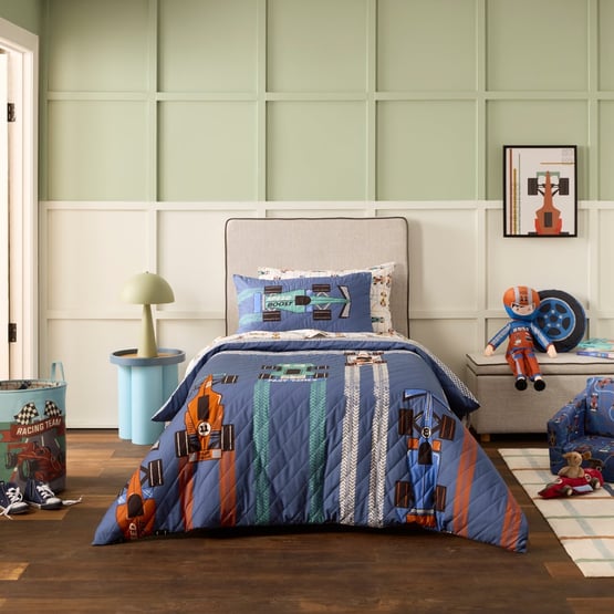 Speedy Race Car Navy Quilted Quilt Cover Set