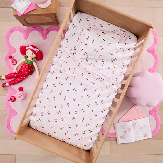 Cherry White Ruffle Cot Sheet Set
