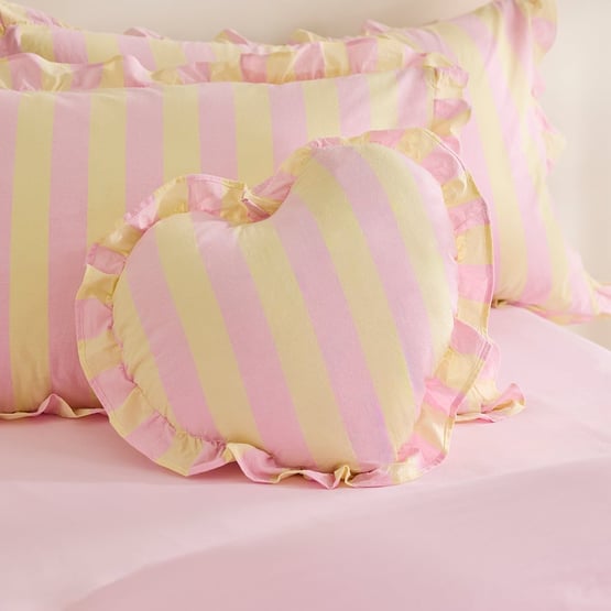 Stonewashed Pink & Lemon Ruffle Stripe Heart Cushion