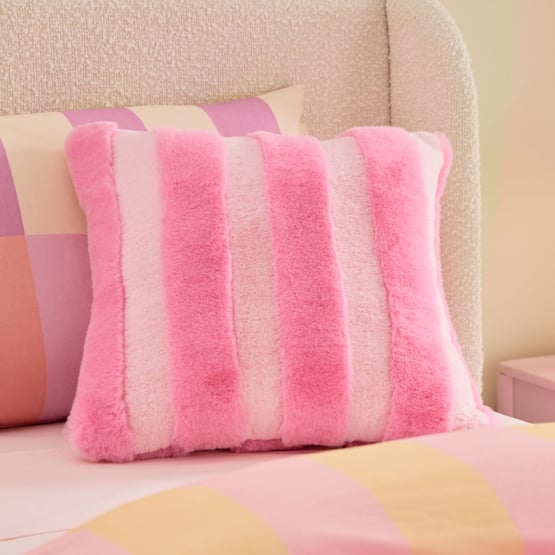 Recycled Faux Fur Pink Stripe Cushion