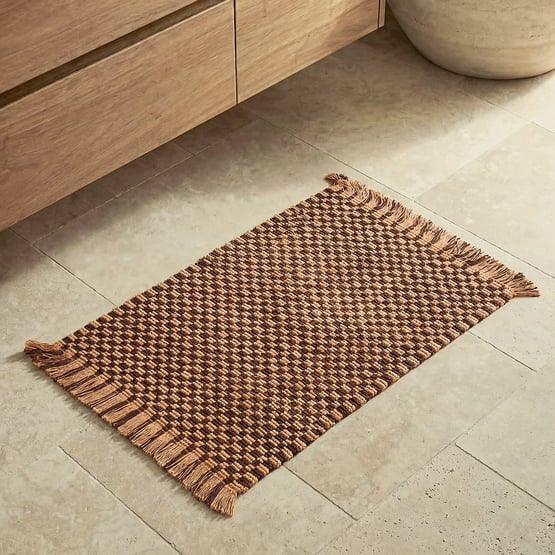 Woven Bran & Coffee Check Bath Mat