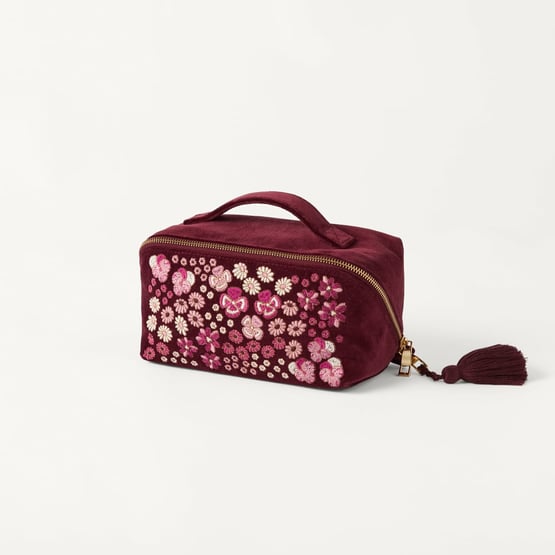 Embroidered Burgundy Floral Cosmetic Bag