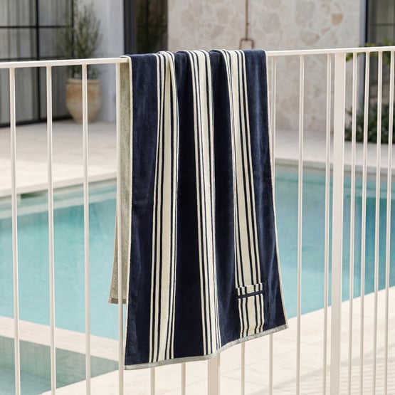 Luxe Jervis Stripe Navy Velour Pocket Beach Towel