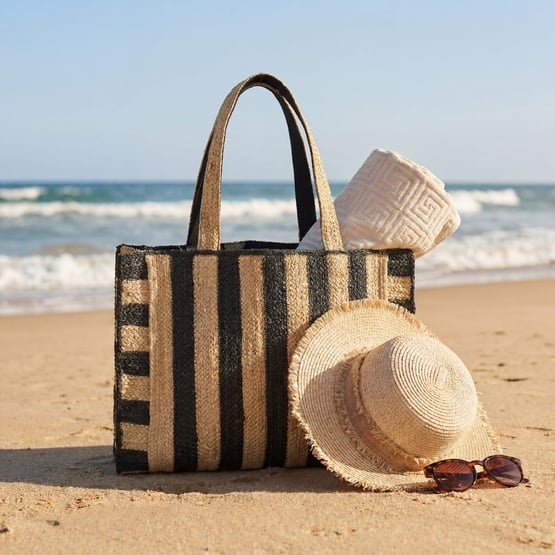Jute Natural & Black Striped Beach Bag