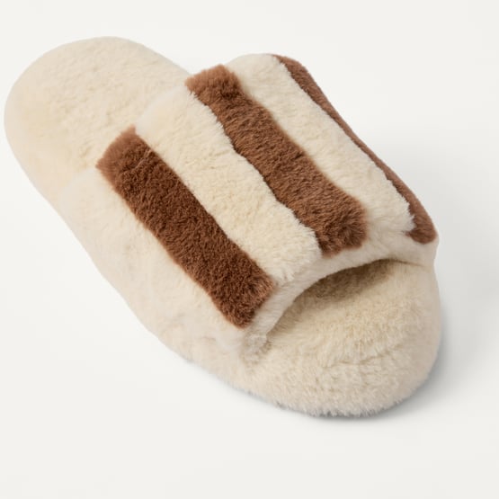 Fur Natural Stripe Slippers 