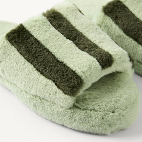 Fur Green Stripe Slippers 